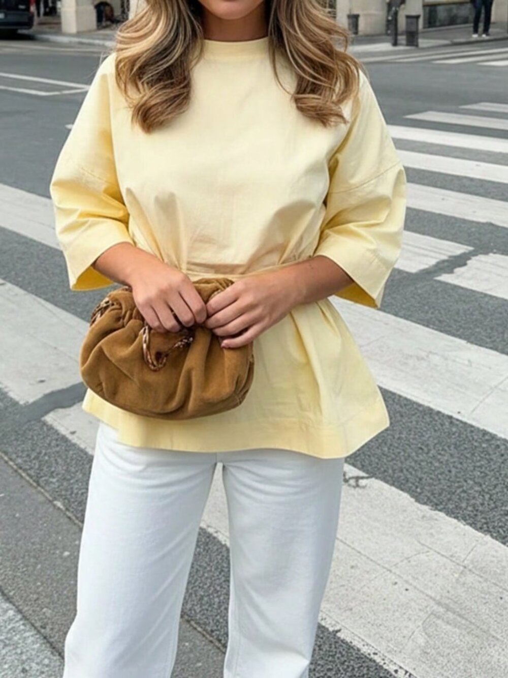 Yellow Casual Women's Knotted Ruffle Hem Blouse - Picture 2 of 6